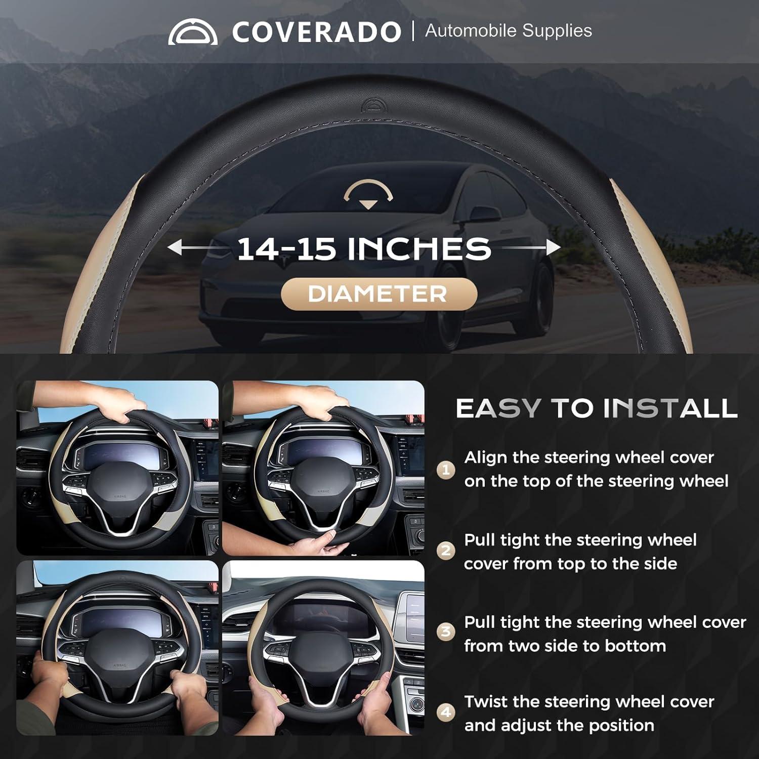 imageCoverado Car Steering Wheel Cover Nappa Leather Black ampamp Gray Steering Wheel Covers Universal 1415 inch AntiSlip Breathable Steering Wheel Protector for Women MenBBlackBrown