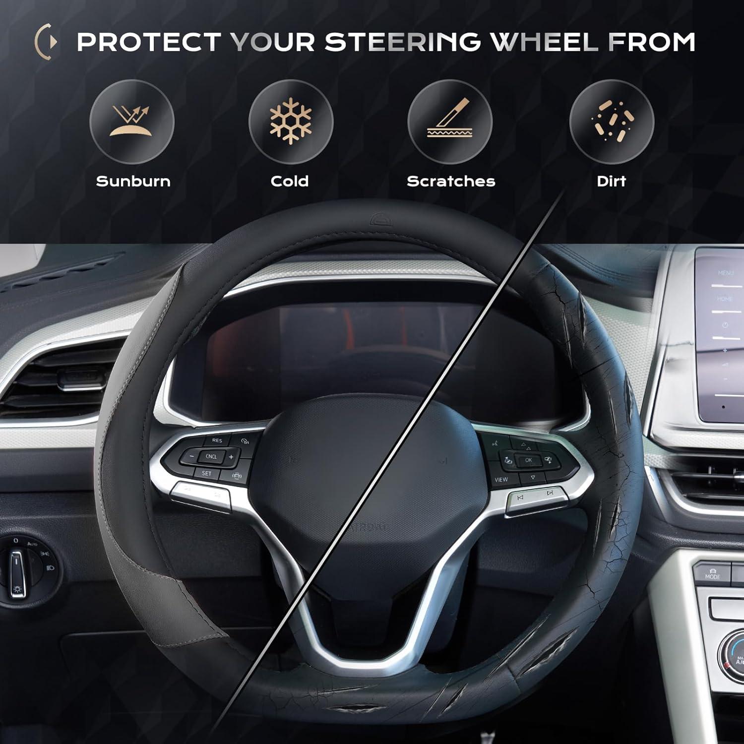 imageCoverado Car Steering Wheel Cover Nappa Leather Black ampamp Gray Steering Wheel Covers Universal 1415 inch AntiSlip Breathable Steering Wheel Protector for Women MenBBlackGray