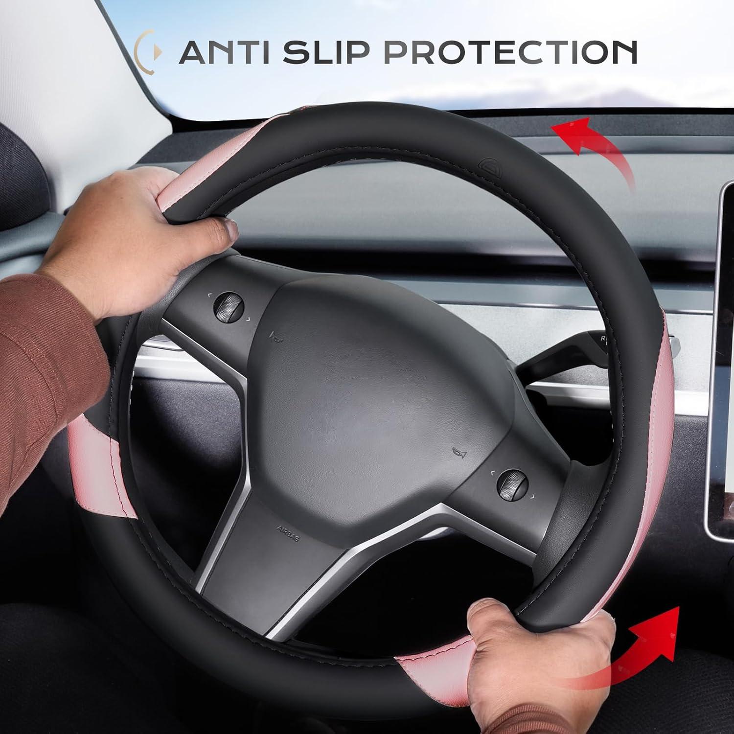 imageCoverado Car Steering Wheel Cover Nappa Leather Black ampamp Gray Steering Wheel Covers Universal 1415 inch AntiSlip Breathable Steering Wheel Protector for Women MenBBlackPink