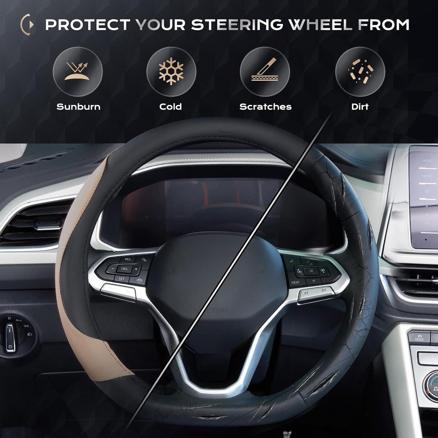 imageCoverado Car Steering Wheel Cover Nappa Leather Black ampamp Gray Steering Wheel Covers Universal 1415 inch AntiSlip Breathable Steering Wheel Protector for Women MenBBlackBrown