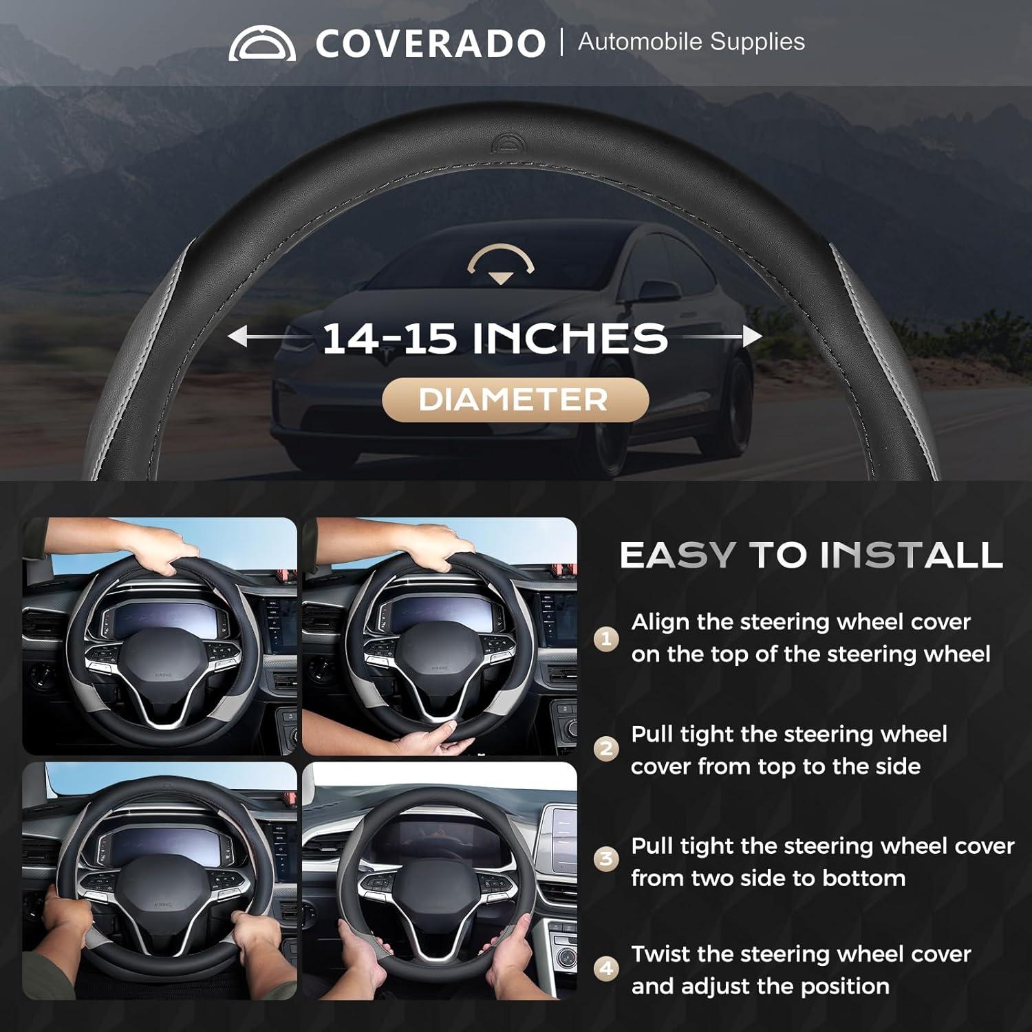 imageCoverado Car Steering Wheel Cover Nappa Leather Black ampamp Gray Steering Wheel Covers Universal 1415 inch AntiSlip Breathable Steering Wheel Protector for Women MenBBlackGray