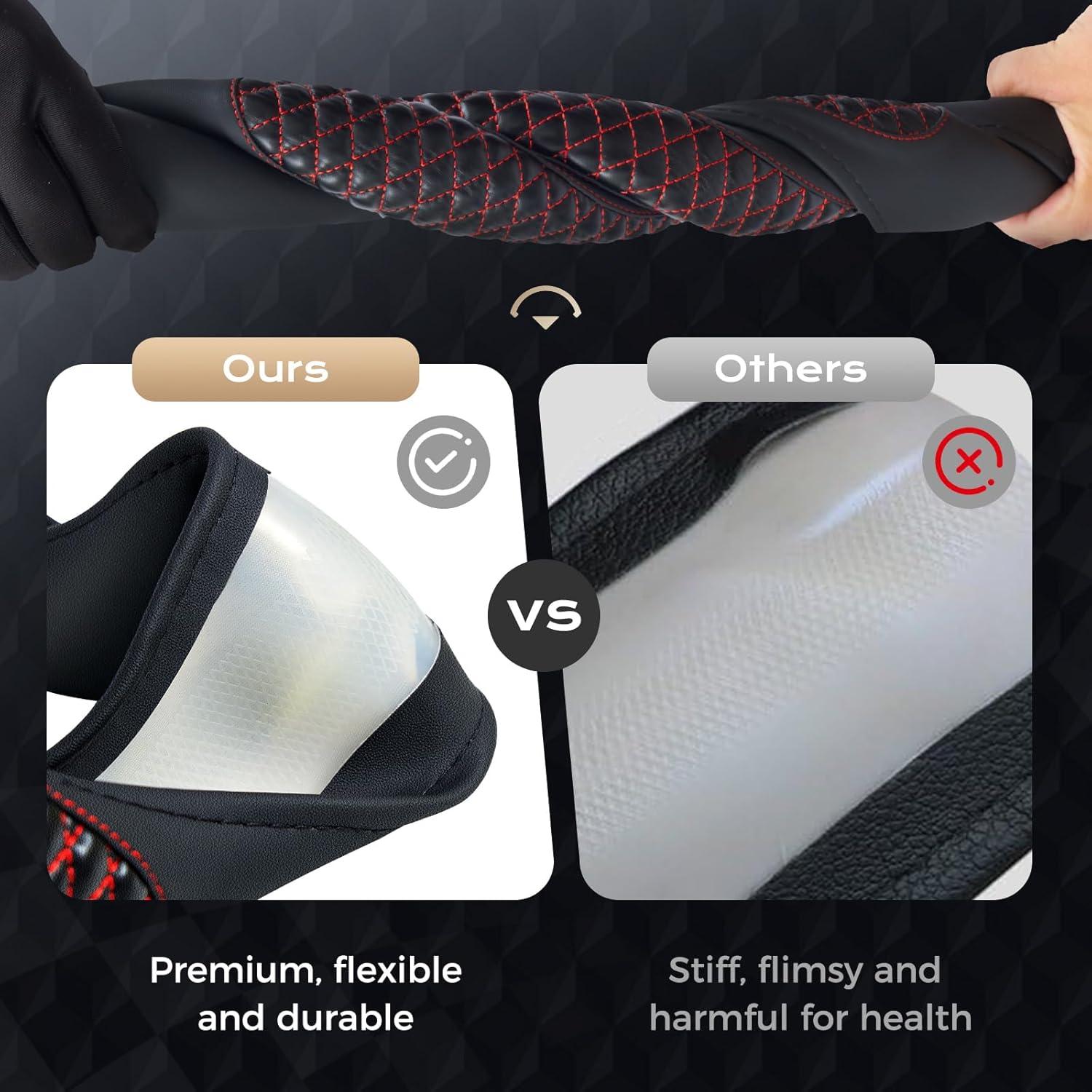 imageCoverado Car Steering Wheel Cover Nappa Leather Black ampamp Gray Steering Wheel Covers Universal 1415 inch AntiSlip Breathable Steering Wheel Protector for Women MenCRed