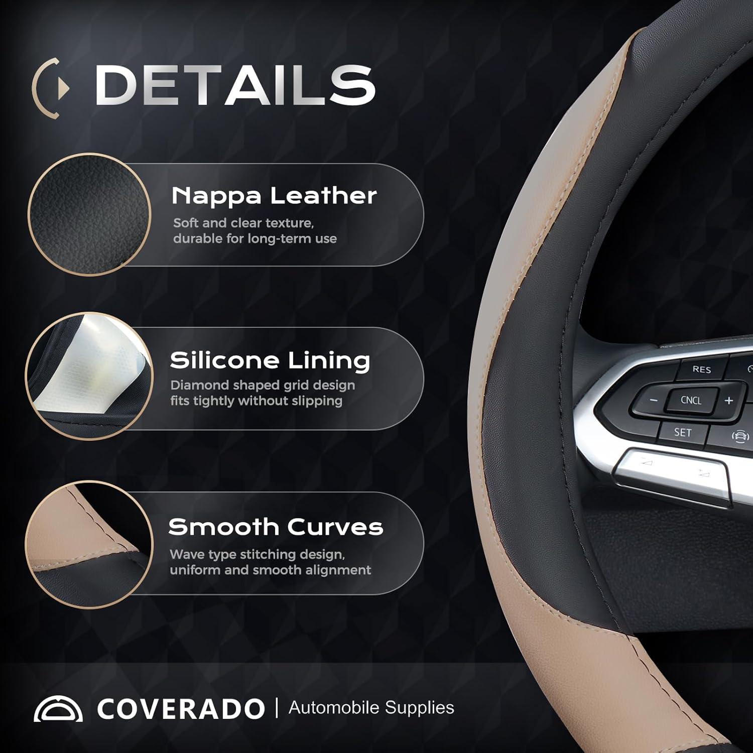 imageCoverado Car Steering Wheel Cover Nappa Leather Black ampamp Gray Steering Wheel Covers Universal 1415 inch AntiSlip Breathable Steering Wheel Protector for Women MenBBlackBrown