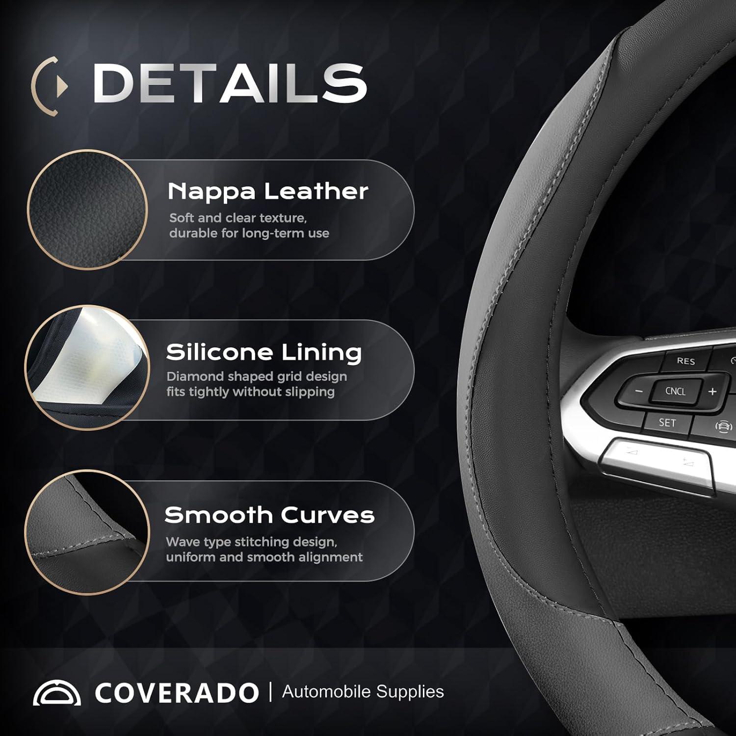 imageCoverado Car Steering Wheel Cover Nappa Leather Black ampamp Gray Steering Wheel Covers Universal 1415 inch AntiSlip Breathable Steering Wheel Protector for Women MenBBlackGray