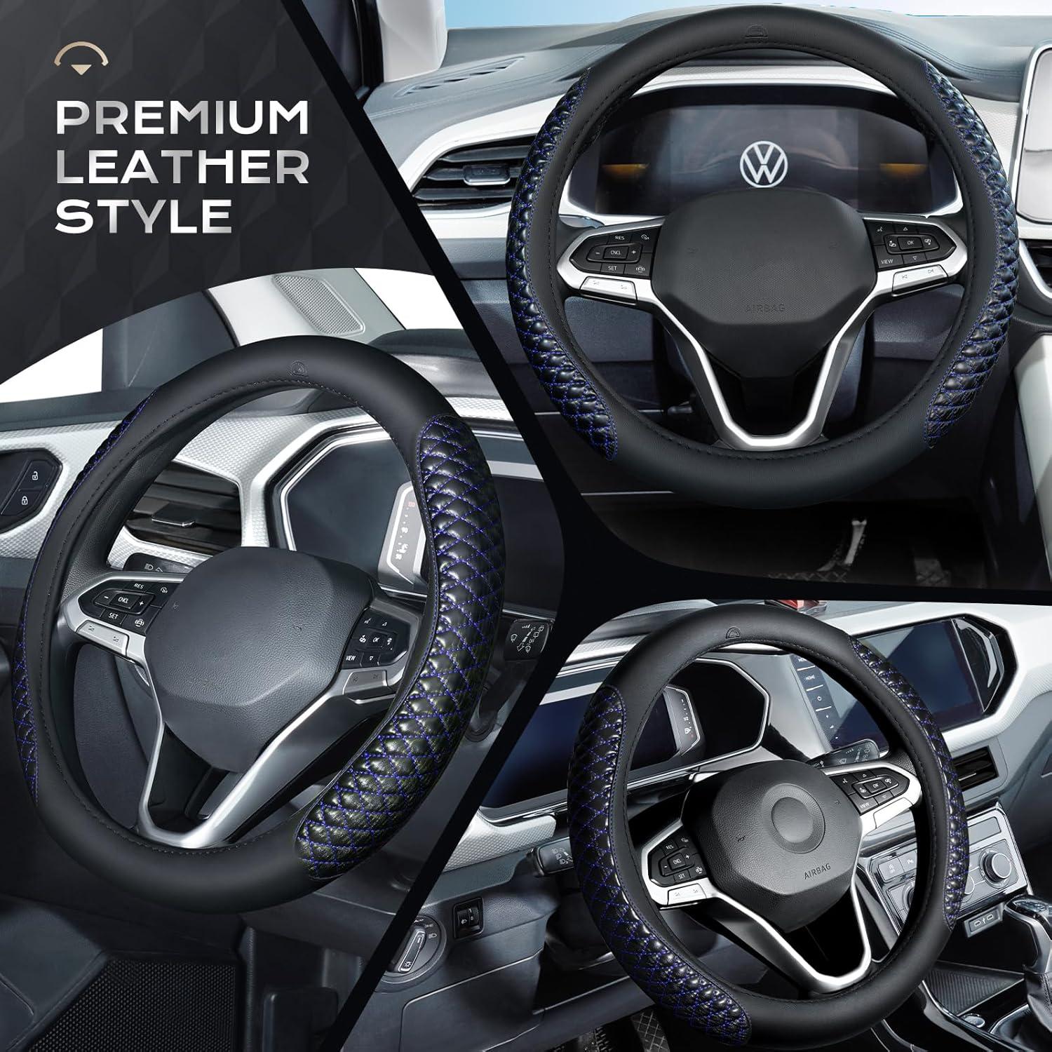 imageCoverado Car Steering Wheel Cover Nappa Leather Black ampamp Gray Steering Wheel Covers Universal 1415 inch AntiSlip Breathable Steering Wheel Protector for Women MenCBlue