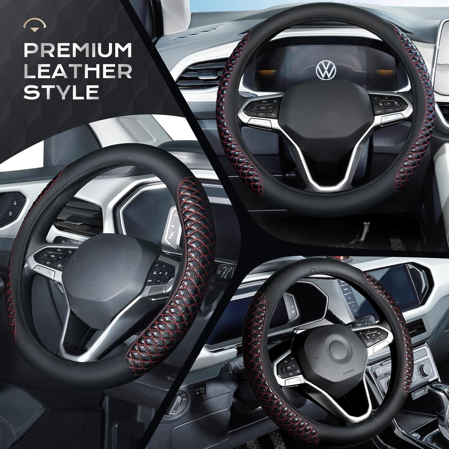 imageCoverado Car Steering Wheel Cover Nappa Leather Black ampamp Gray Steering Wheel Covers Universal 1415 inch AntiSlip Breathable Steering Wheel Protector for Women MenCRed