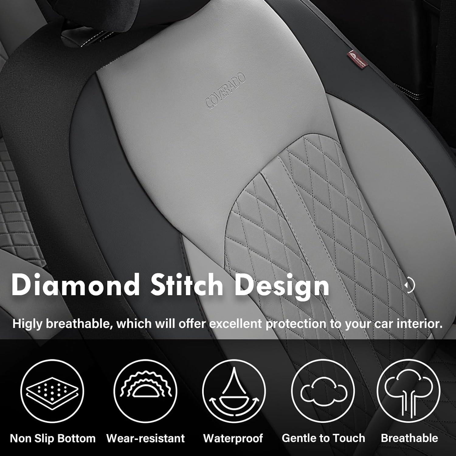imageCoverado Leather Seat Covers Full Set Black and Beige Seat Covers for SUV Pickup Truck Sedan Automotive Vehicle Interior Waterproof and Durable All Weather ProtectorBlackGray