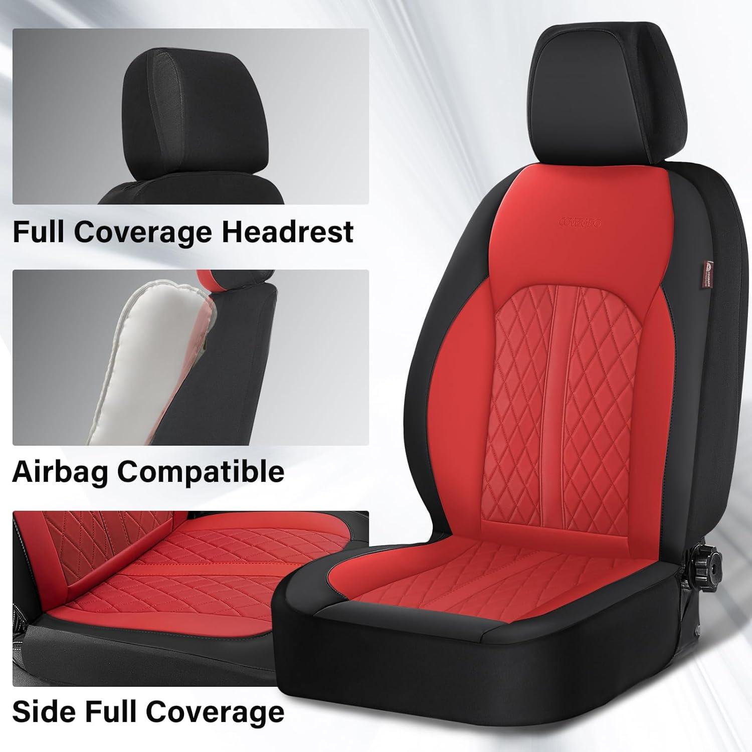 imageCoverado Leather Seat Covers Full Set Black and Beige Seat Covers for SUV Pickup Truck Sedan Automotive Vehicle Interior Waterproof and Durable All Weather ProtectorBlackRed