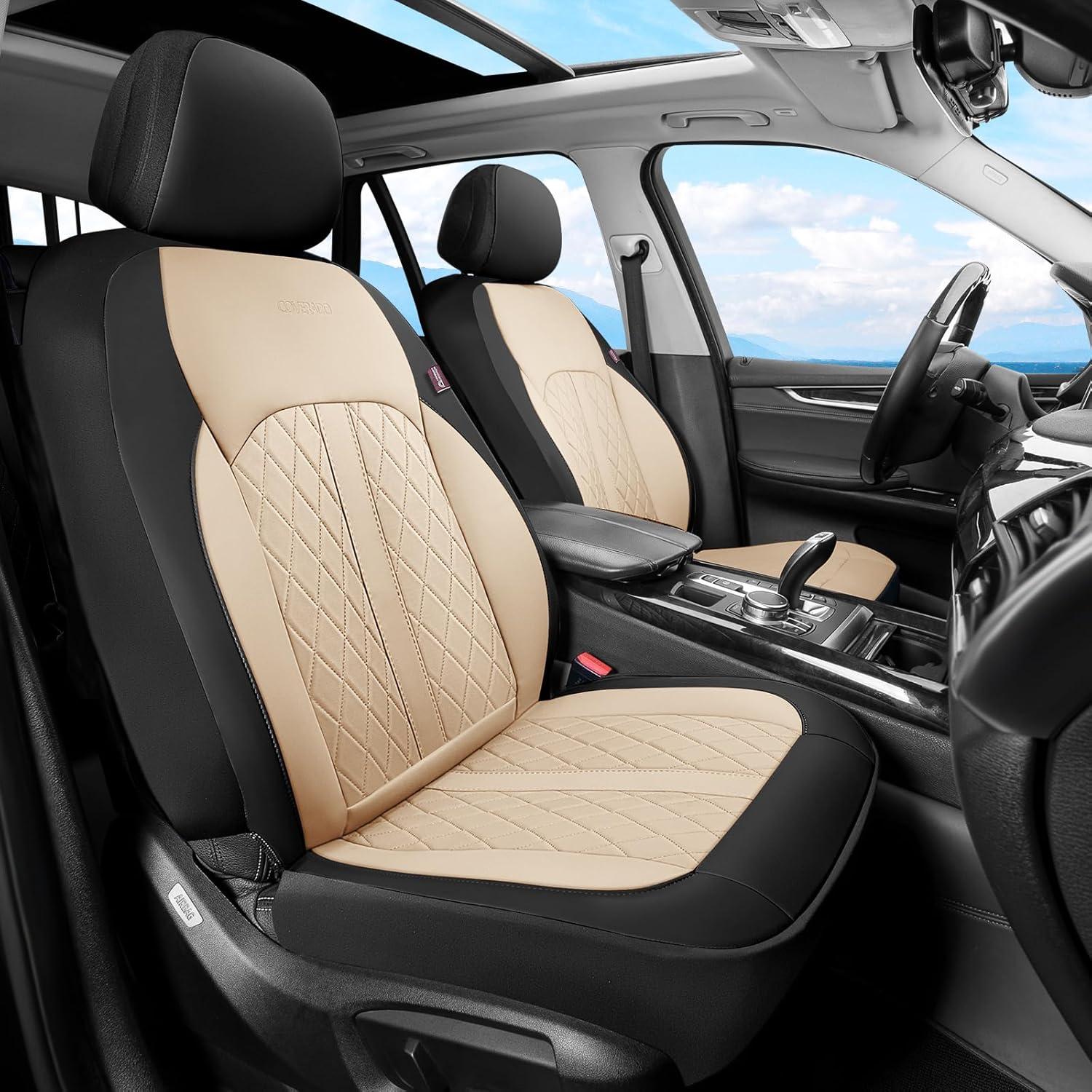 imageCoverado Leather Seat Covers Full Set Black and Beige Seat Covers for SUV Pickup Truck Sedan Automotive Vehicle Interior Waterproof and Durable All Weather ProtectorBlackBeige