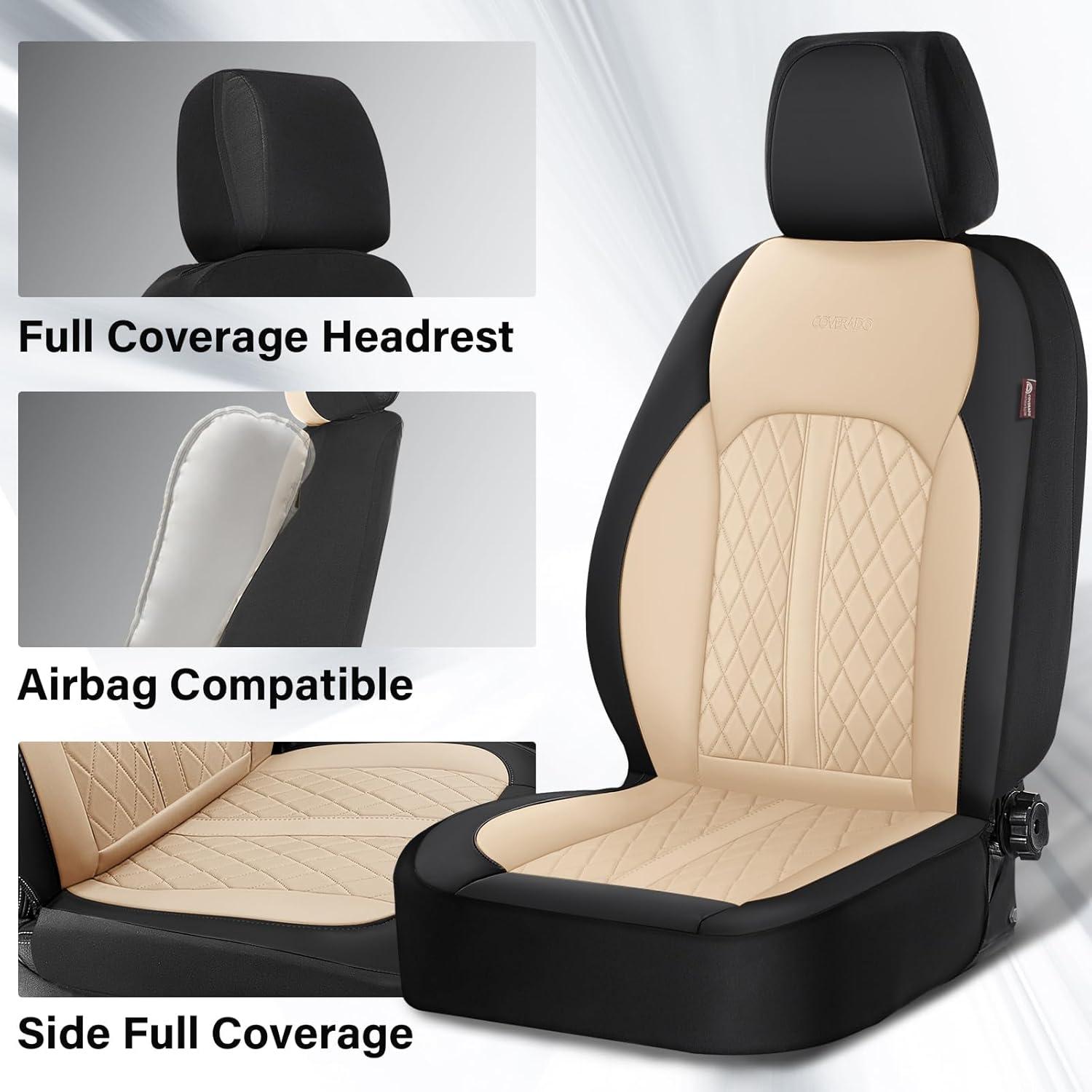 imageCoverado Leather Seat Covers Full Set Black and Beige Seat Covers for SUV Pickup Truck Sedan Automotive Vehicle Interior Waterproof and Durable All Weather ProtectorBlackBeige