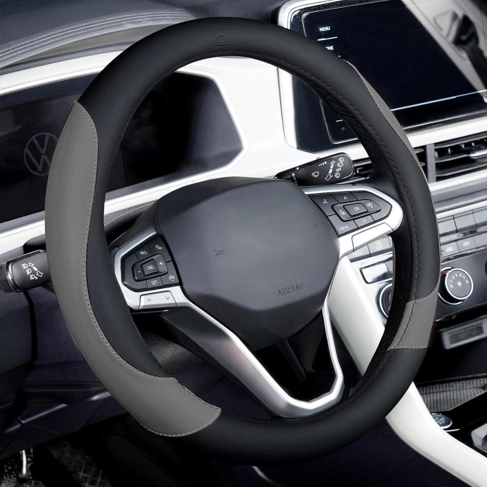 imageCoverado Car Steering Wheel Cover Nappa Leather Black ampamp Gray Steering Wheel Covers Universal 1415 inch AntiSlip Breathable Steering Wheel Protector for Women MenBBlackGray
