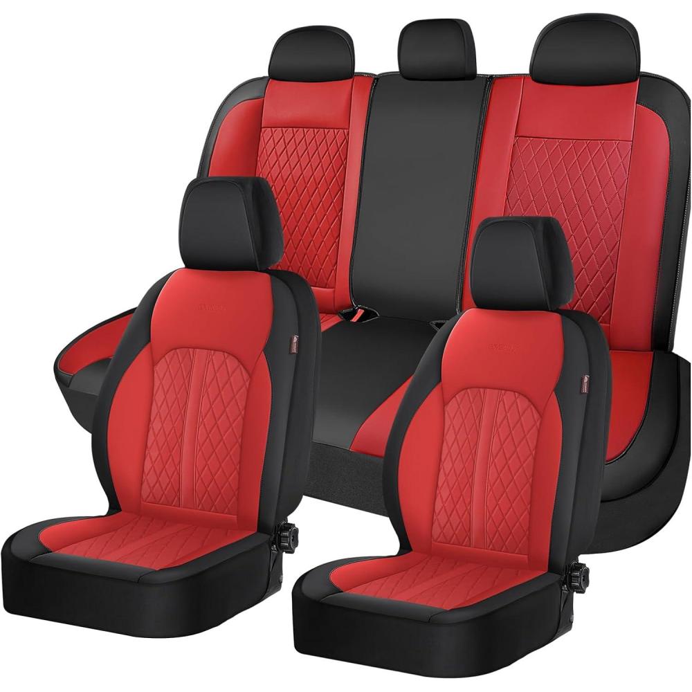imageCoverado Leather Seat Covers Full Set Black and Beige Seat Covers for SUV Pickup Truck Sedan Automotive Vehicle Interior Waterproof and Durable All Weather ProtectorBlackRed