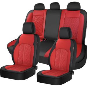imageCoverado Leather Seat Covers Full Set Black and Beige Seat Covers for SUV Pickup Truck Sedan Automotive Vehicle Interior Waterproof and Durable All Weather ProtectorBlackRed