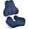 image:imageCoverado Seat Cushion and Lumbar Support Pillow for Driving Seat Neck Headrest Pillow with Adjustable Strap Soft and Breathable PU Leather High Density Memory Foam for Neck amp Lower Back Pain ReliefBlue